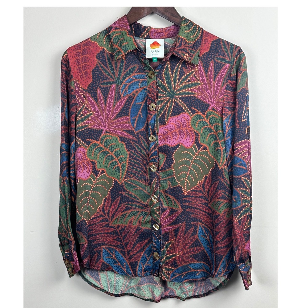 FARM Rio Tropical Jungle Print Button Down Blouse Women's XS Multicolor